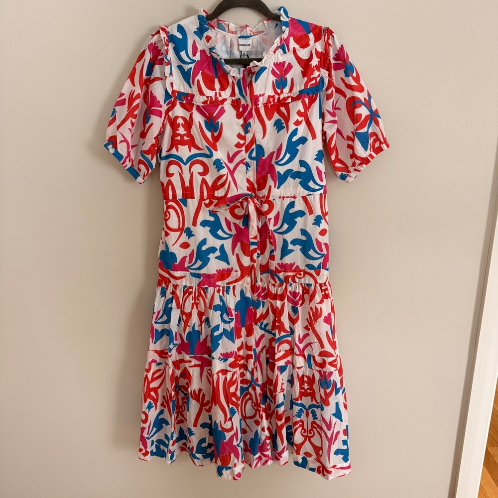 CHARLEE Taylor Dress Ikat Orange Abstract Print‎ Ruffle Tiered Midi Medium NEW - Picture 3 of 6